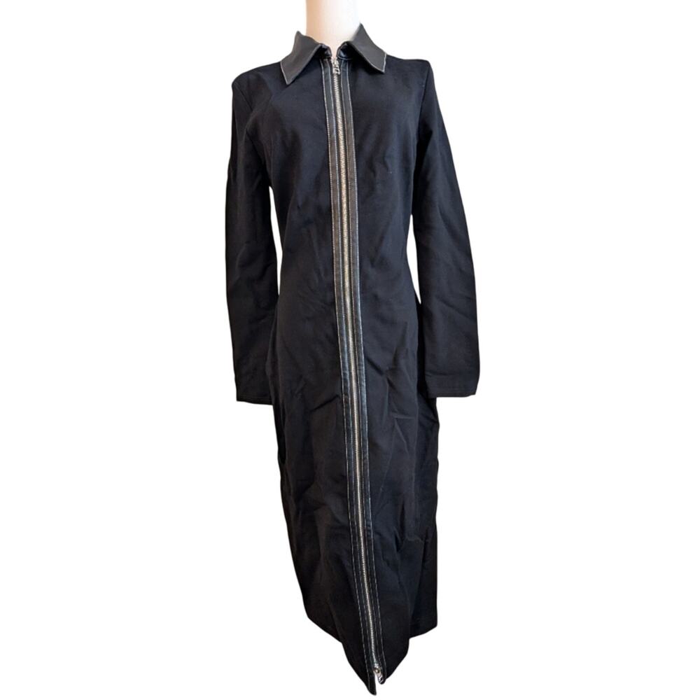 NWOT STAUD Alfred Faux Leather Accent Long Sleeve Midi Knit Dress Black Medium - Picture 1 of 5